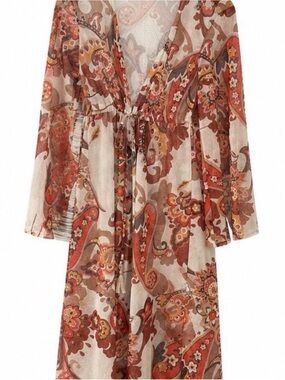 Boho Paisley Tie-Waist Maxi Dress in Rust and Cream